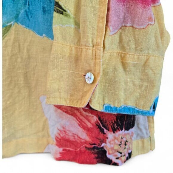 Chicos Medium/2 Women's Large Yellow Floral Print Linen Button-Up Blouse - Picture 3 of 7